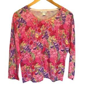 Garnet Hill Pink Floral Merino Wool Cardigan Sweater - size Large